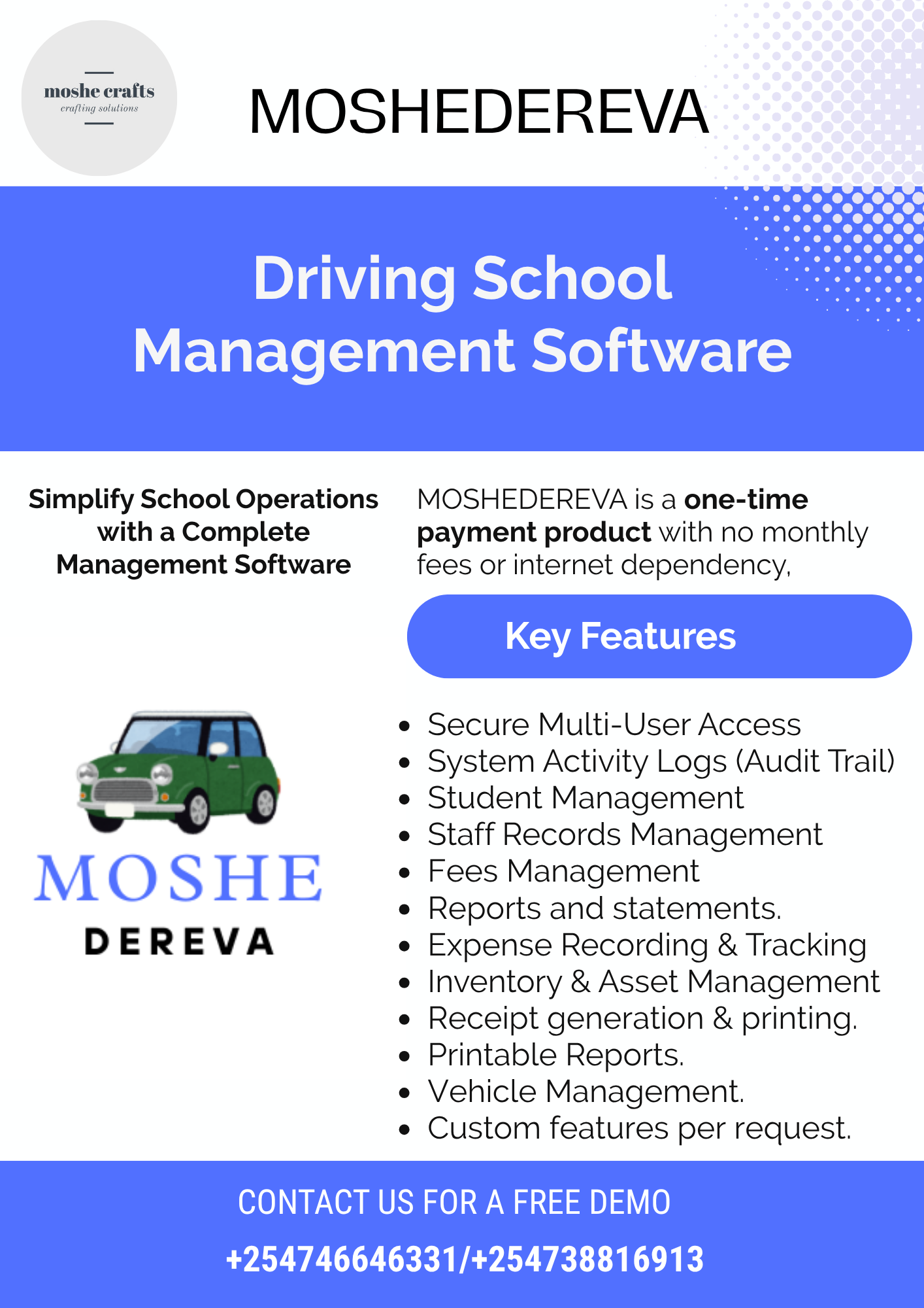 MosheDereva Driving School Management Software Flyer